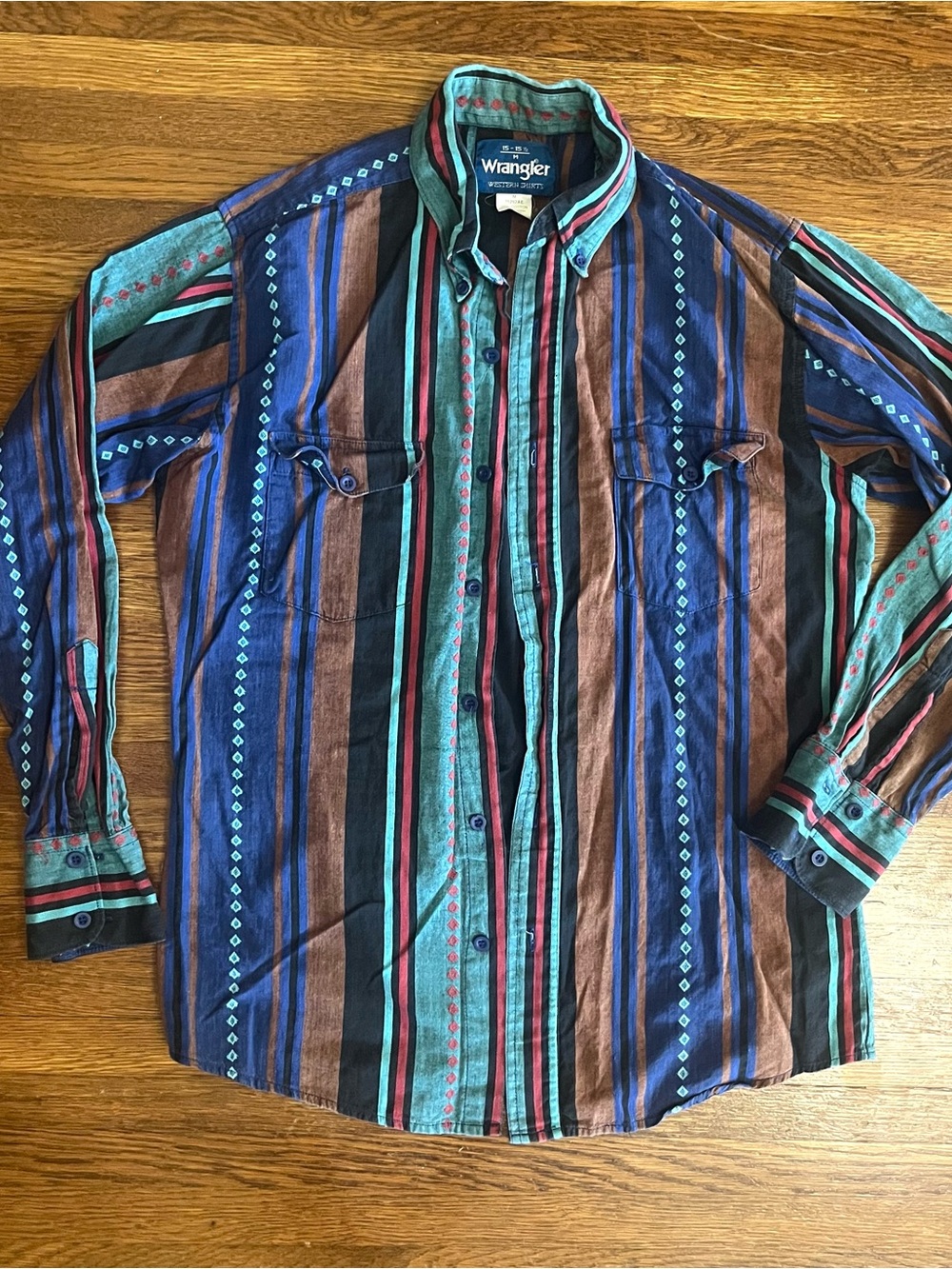 Vtg 90s Wrangler shirt western M 15.5 soft cotton stripe cowboy rodeo